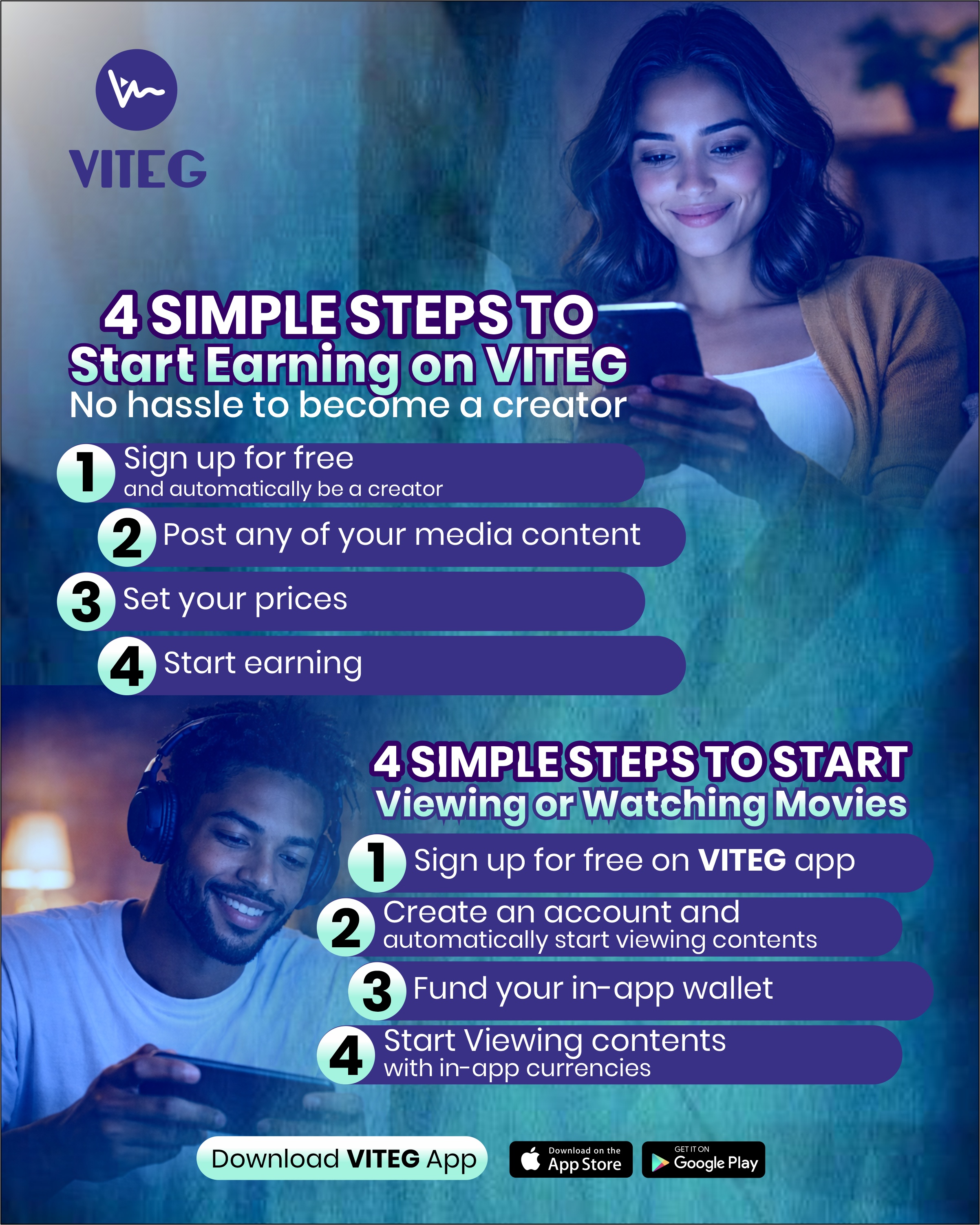 VITEG app interface showing transaction details and gifting with Spinel currency
